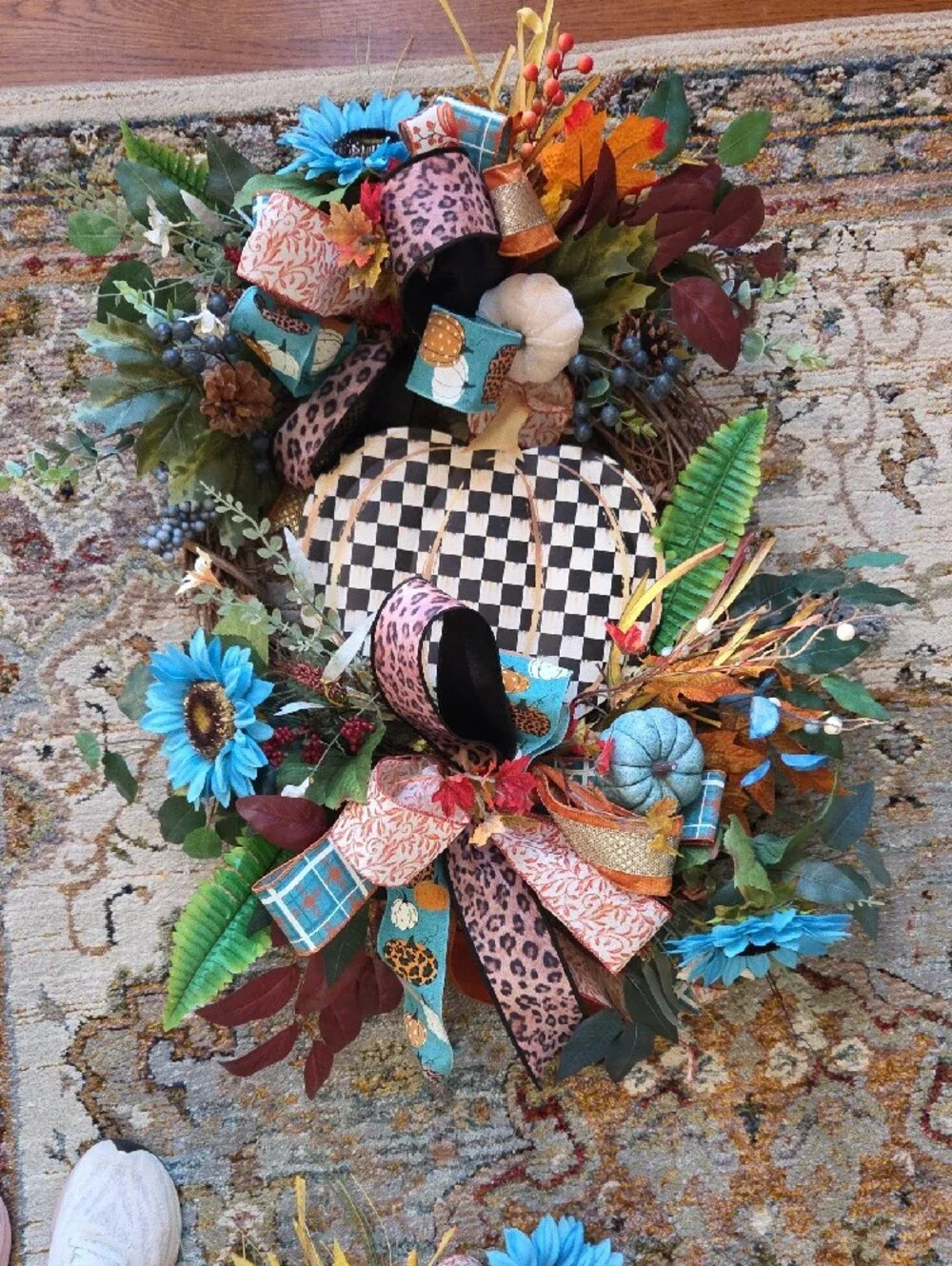 Handcrafted Blue & Teal Floral Fall Wreath with Black & White Check Pumpkin